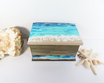 Beach Jewelry Box With Mirror and Drawer Wood Painted