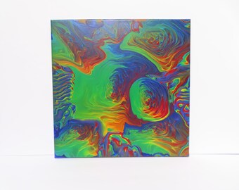 Abstract Pride Rainbow Acrylic Pour Art on 14 Inch Square Canvas, Original Painting