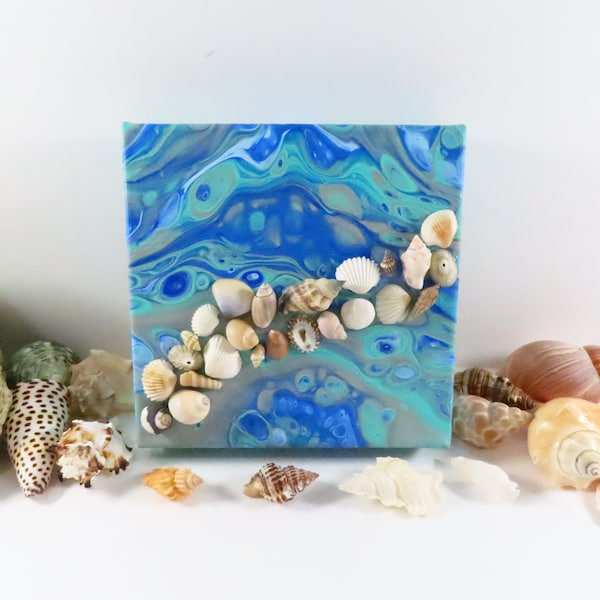 Abstract Original Small Painting With Real Seashells 6x6 Inch Gallery Canvas