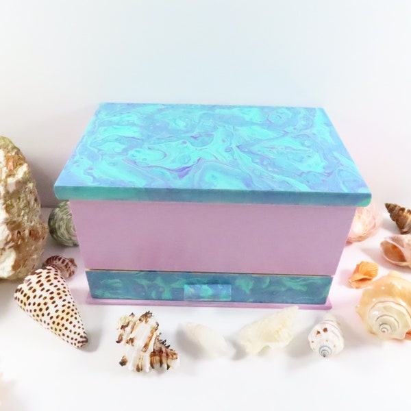 Jewelry Box With Mirror and Drawer Abstract Painted Wood Purple and Turquoise