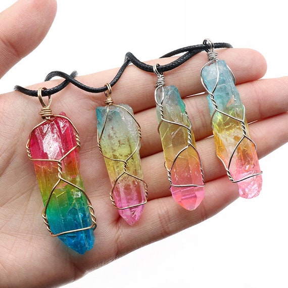 Angel Aura Quartz Crystal Point Necklace Wire Wrapped Rainbow Crystal Point  Necklace Healing Jewelry Gift for Women Bulk Wholesale 3344 
