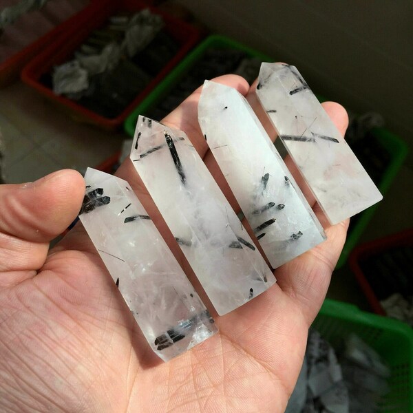 Black Tourmaline Tower Natural Tourmaline Rutilated Double Terminated Quartz Crystal Point Wand Bulk Wholesale Healing Crystal Gifts