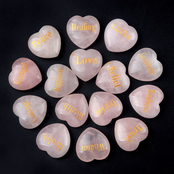 Engraved Word Stones Rose Quartz Heart Anxiety Worry Stone Inspirational Crystal Stones Pocket Crystal Stone Healing For Gift 3696