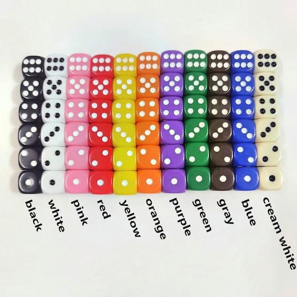 10 Pcs Colorful Dice 16mm (5/8”) 6 Sided Dice 11 Different Colors Blue Green Pink Yellow Red Purple white black Dice Bulk Wholesale 3598
