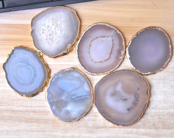 Agate Coaster Large White Grey Natural Agate Slice Coasters Gold Electroplated Edges Home and Wedding Decor Calligraphy