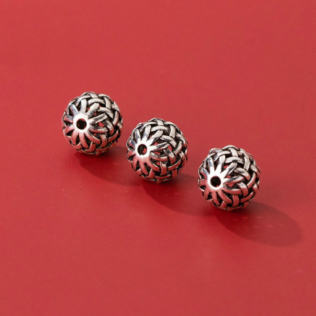 Set of 2 925 Sterling Silver Round Beads Thai Silver Weave Spacer Bead