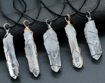 Wire Wrapped Clear Quartz Necklace Pendant Raw Crystal Quartz Point Necklace Energy Crystal For Women Men Gift Healing Jewelry Bulk 3055