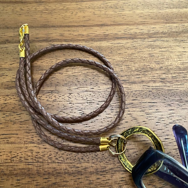 Ring eyeglass necklace, eyeglass holder. Antiqued brass hoop unisex eyeglass lanyard. Brown braided leather cord rustic glasses holder.