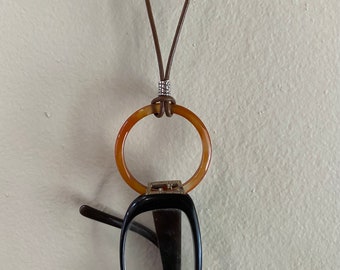 Eyeglass Necklace Holder. Large Brown Agate Ring Pendant. Sterling Silver Glasses Lanyard on Leather Cord.