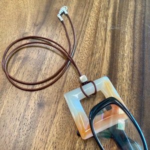 Eyeglass Holder - Necklace. Agate Square Loop.  Sterling Silver Glasses Lanyard. Loop Eyeglass Necklace on Leather Cord.