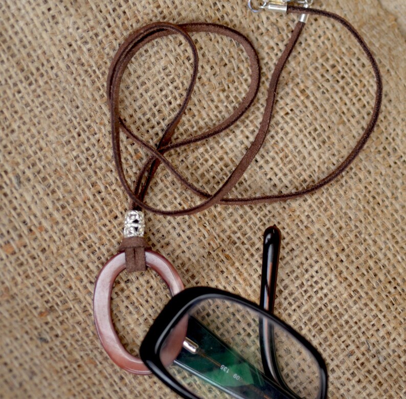Eyeglass Holder, Necklace. Golden Brown Mother of Pearl Oval Loop