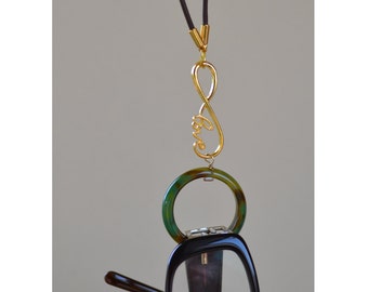 Eyeglass necklace holder. Moss agate ring pendant with infinity “love” symbol . Leather cord glasses lanyard.