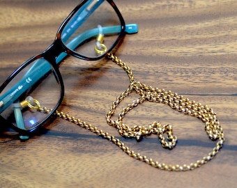 Gold eyeglass chain, Eyeglass lanyard, Minimalist glasses chain,  Gold plated steel eyewear chain, Unisex eyeglass holder.