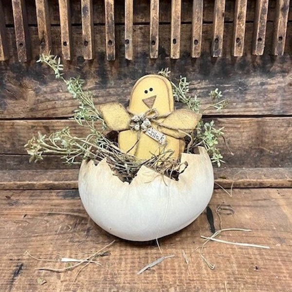 Primitive Spring "Newly Hatched"  Adorable Handcrafted Wood Chick in "Cracked" Real Dried Gourd Egg Charming Spring/Easter Decor