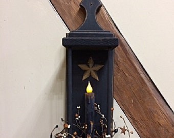 Primitive Wall Lantern Handcrafted Black Wooden Lantern w/Timer Candle/Berry/Star Ring Country/Farmhouse Wall Decor