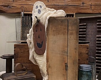 Primitive Halloween Decor 16” High &quot;Ghost w/Pumpkin&quot; Door Trim/Cupboard Door/Box Corner Hanger Delightfully Spooky Fun Decoration