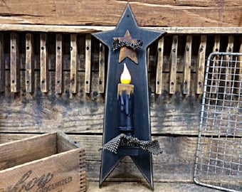 Primitive Black Star Candle Wall Sconce Wooden Star w/Timer Candle/Primitive Country Rustic Farmhouse Decor