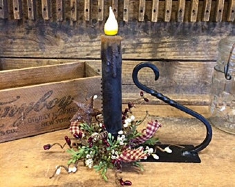 Primitive Country Candle Wrought Iron Timer Candle Holder w/ Greenery/Burg/Cream Berries/ Sparkling Rusty Star/ Mantle/Desk/Shelf Decor