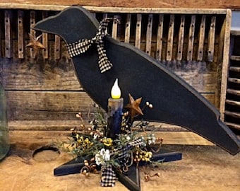 Primitive Black Crow w/ Timer Candle Unique Handcrafted Design Rustic/Country Shelf/Tabletop/Mantle Decor