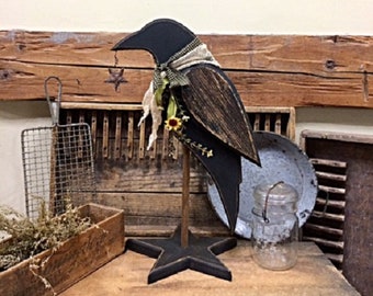 Primitive Black Crow Pedestal On Black Star Base Handcrafted Painted Wood Rustic Country/Farmhouse Mantle/Shelf/Tabletop Decor