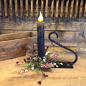 Primitive Country Candle Wrought Iron Timer Candle Holder w/ Greenery/Burg/Cream Berries/ Sparkling Rusty Star/ Mantle/Desk/Shelf Decor