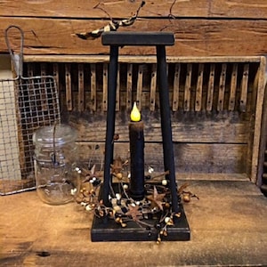 Primitive Lantern With Timer Candle Hanging Black Wooden Lantern Handmade w/Berry Ring Country/Rustic Home Decor