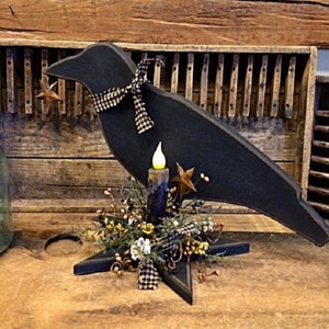 Primitive Black Crow w/ Timer Candle Unique Handcrafted Design Rustic/Country Shelf/Tabletop/Mantle Decor