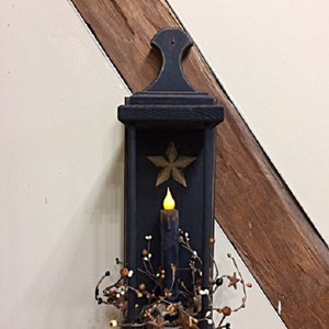 Primitive Wall Lantern Handcrafted Black Wooden Lantern w/Timer Candle/Berry/Star Ring Country/Farmhouse Wall Decor