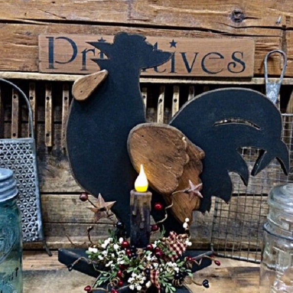 Primitive Rooster "Black Jack" Handcrafted Rooster w/Timer Candle Country/Farmhouse Mantle/Shelf/Tabletop Decor