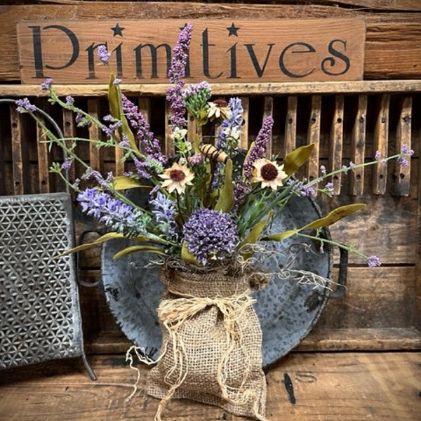 Primitive Flowers Hanging Burlap Bag Filled w/Mixed Lavenders/Creamy Mini Daisy/Honey Bee Pretty Spring/Summer Door/Wall Accent