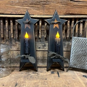 Primitive Painted Wood Black Star Wall Sconce Set/2 w/Timer Candles Prim/Country/Rustic/Farmhouse Wall Decor