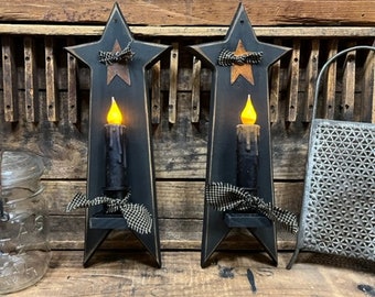 Primitive Black Star Wall Sconce Set, Reclaimed Wood with Timer Candles