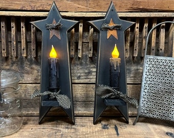 Primitive Painted Wood Black Star Wall Sconce Set/2 w/Timer Candles Prim/Country/Rustic/Farmhouse Wall Decor