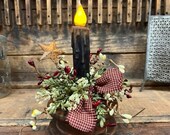 Primitive Antique Wooden Spool Bobbin Repurposed w 4 quot Black Beeswax Timer Candle Burgundy Cream Berries Rusty Star Accent Home Decor