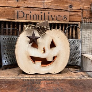 Primitive Halloween/ Lighted White Painted "Pumpkin Jack" Box Great Window/Porch Halloween Decoration image 1