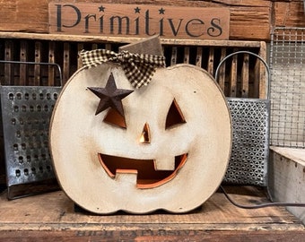 Primitive Halloween/ Lighted White Painted "Pumpkin Jack" Box Great Window/Porch Halloween Decoration