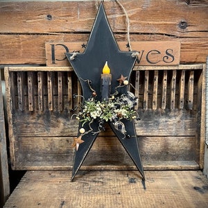 Primitive Black Star Candle Wall Sconce Wooden Star w/Timer Candle/Primitive Floral/Berries/Rusty Stars Country Rustic Farmhouse Decor