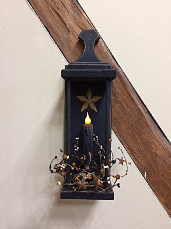 Primitive Wall Lantern Handcrafted Black Wooden Lantern w/Timer Candle/Berry/Star Ring Country/Farmhouse Wall Decor