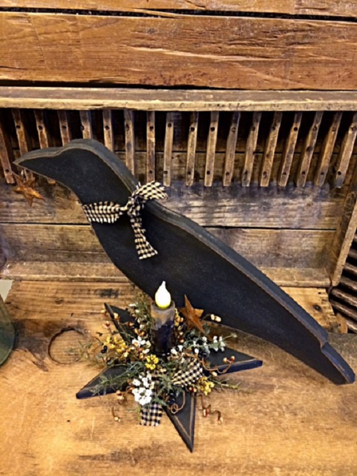 Primitive Black Crow w/ Timer Candle Unique Handcrafted Design Etsy