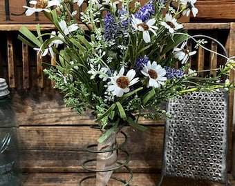 Primitive Flowers/Small Hand Tied Daisy/Lavender Bouquet/Pretty Summer Floral Mix