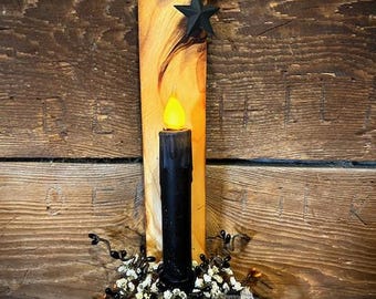 Primitive/Rustic Wall Decor Reclaimed Wood w/Timer Candle/Berries/Rusty Star Design