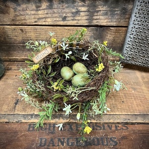 Primitive Spring Pretty Twig Bird Nest Decorated w/Yellow/Cream/Green Florets Speckled Blue Eggs Charming Home Decor Spring/Summer Item