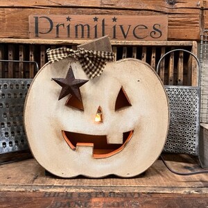 Primitive Halloween/ Lighted White Painted "Pumpkin Jack" Box Great Window/Porch Halloween Decoration image 2
