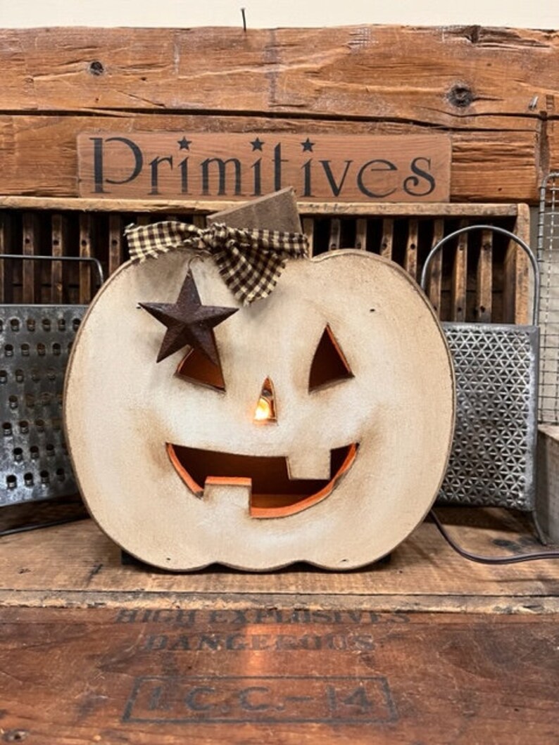 Primitive Halloween/ Lighted White Painted "Pumpkin Jack" Box Great Window/Porch Halloween Decoration image 2