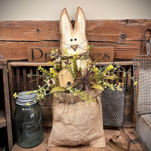 Primitive Rabbit Hanging Door/Wall Wooden Rabbit Design w/Burlap Bag Filled With Prim Artificial Flowers/Bee Hive/Bee Charming Prim Decor