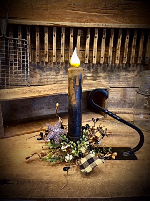 Primitive Country Wrought Iron Black Timer Candle w/Greens/Berries/Black Star Great Mantle/Shelf Accent Design