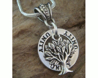 Tree of Life Necklace with Tibetan Silver Tree of Life on a 'Unity' Stamped Disc Pendant and 45cm (18") Silver Plated Snake Chain. TOLN019