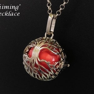 Chiming Tree of Life Necklace 123, Chimes with Movement Celtic Tree of Life Cage with a Red Harmony Chime Ball Harmony Necklace, Gift image 2