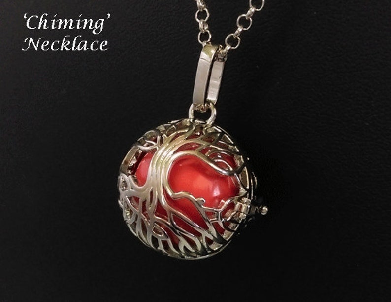 Chiming Tree of Life Necklace 123, Chimes with Movement Celtic Tree of Life Cage with a Red Harmony Chime Ball Harmony Necklace, Gift image 2