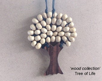 Tree of Life Necklace : Natural Wooden Beads BEIGE Color and Wooden Trunk and with Adjustable Necklace Cord Attached - TOLN028